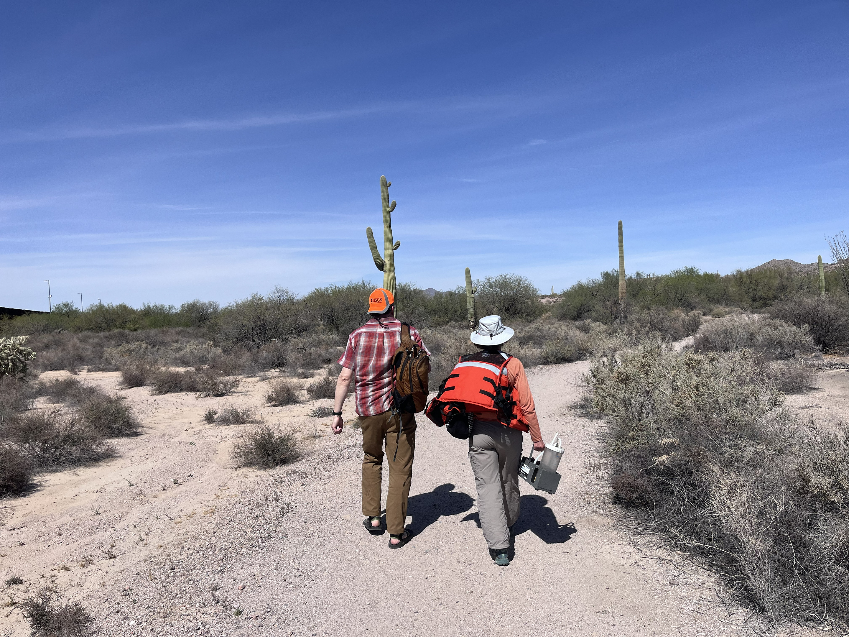 Blake Hossack (USGS) and collaborator head to Quito Baquito Springs in Organ Pipe National Monument, Arizona.